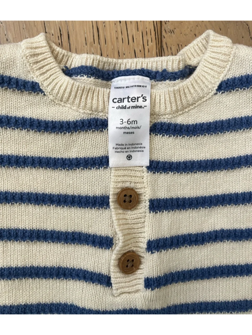 Carter’s Baby Boy Romper Blue Cream Stripe Knit Buttons 3-6 month Cotton Oeko